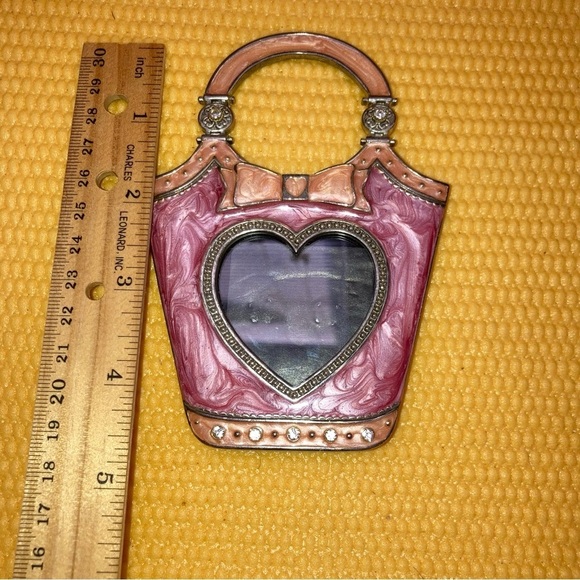 Pink Enamel Rhinestone Embellished Purse Bow Heart Mini Picture Frame - Picture 5 of 6